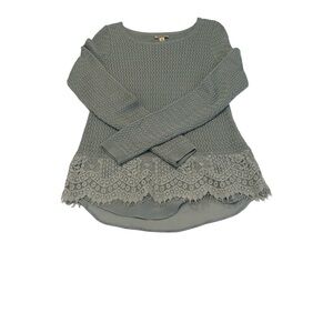 Lucky Brand szS long sleeve bluish grey tunic sweater lace and sheer trim EUC